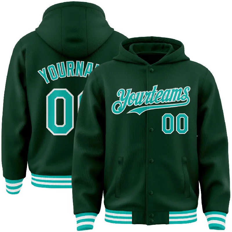 fishing rod holders for trucks-Custom Green Aqua-White Bomber Full-Snap Varsity Letterman Hoodie Jacket