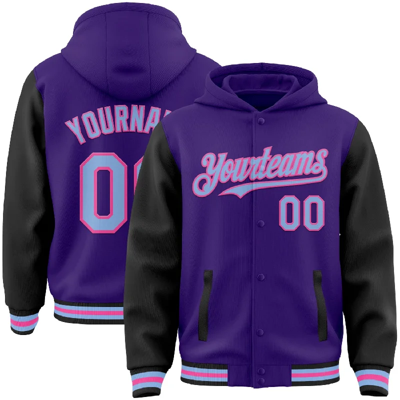 fishing knots for catfish fishing-Custom Purple Light Blue Black-Pink Bomber Full-Snap Varsity Letterman Two Tone Hoodie Jacket