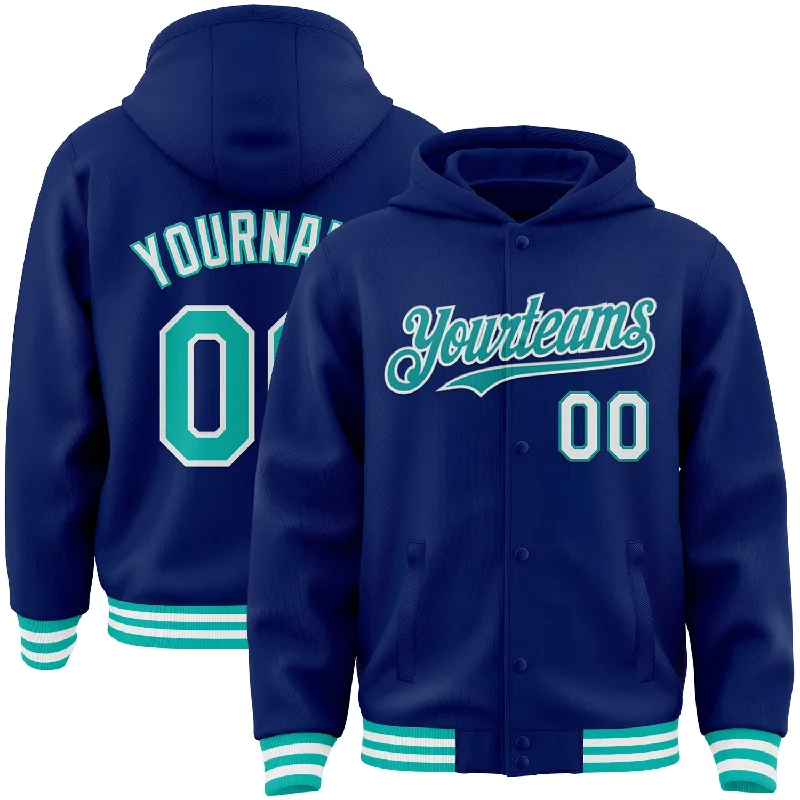 fishing reels for shallow water-Custom Royal Aqua-White Bomber Full-Snap Varsity Letterman Hoodie Jacket