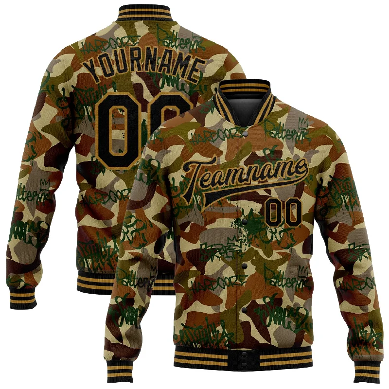 spinning reels for kids trolling-Custom Camo Black-Old Gold Graffiti Drips 3D Pattern Design Bomber Full-Snap Varsity Letterman Salute To Service Jacket