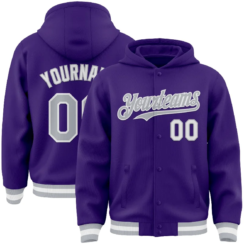 fishing nets for freshwater trolling-Custom Purple Gray-White Bomber Full-Snap Varsity Letterman Hoodie Jacket