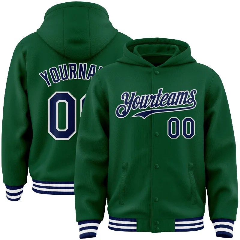 fishing boats for bass-Custom Kelly Green Navy-White Bomber Full-Snap Varsity Letterman Hoodie Jacket