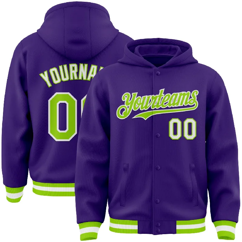 baitcasting reels for freshwater trolling-Custom Purple Neon Green-White Bomber Full-Snap Varsity Letterman Hoodie Jacket