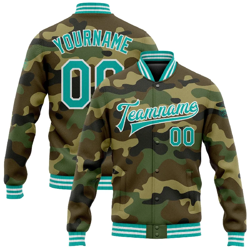 fishing tackle for saltwater trolling-Custom Camo Aqua-White Bomber Full-Snap Varsity Letterman Salute To Service Jacket