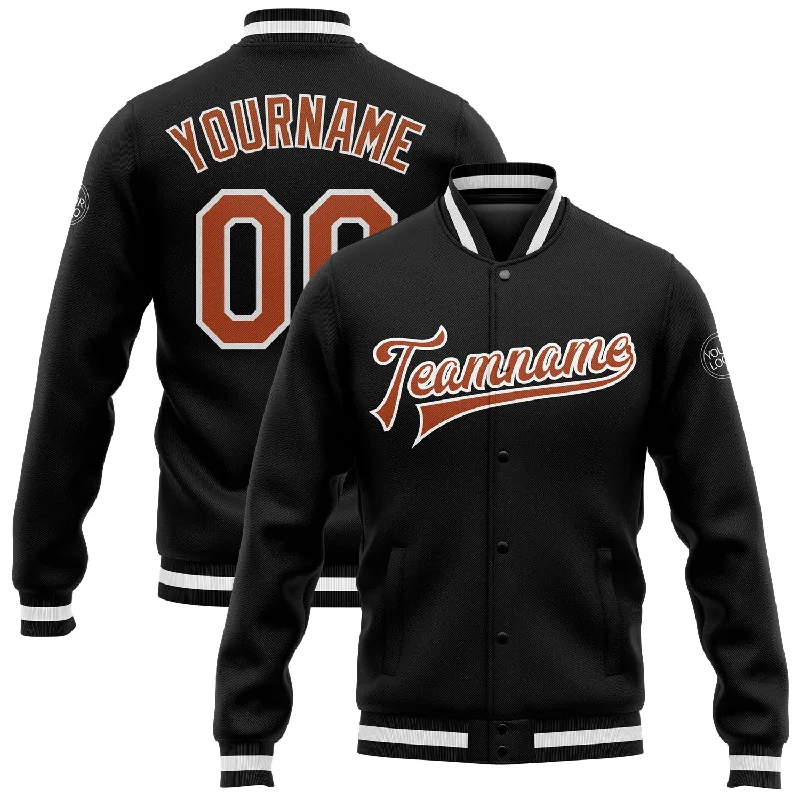 catfish fishing strategies-Custom Black Texas Orange-White Bomber Full-Snap Varsity Letterman Jacket