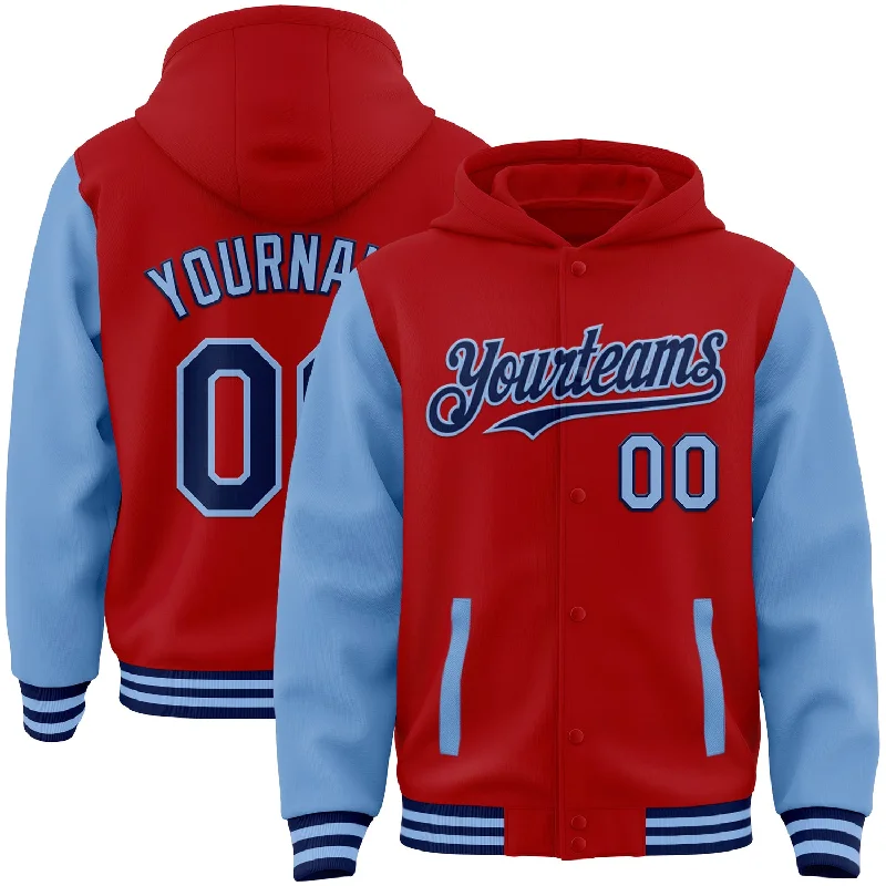 fishing reels for kayak fishing-Custom Red Navy-Light Blue Bomber Full-Snap Varsity Letterman Two Tone Hoodie Jacket