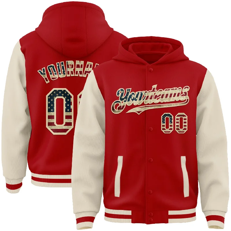 fishing bait for fly fishing-Custom Red Vintage USA Flag-Cream Bomber Full-Snap Varsity Letterman Two Tone Hoodie Jacket