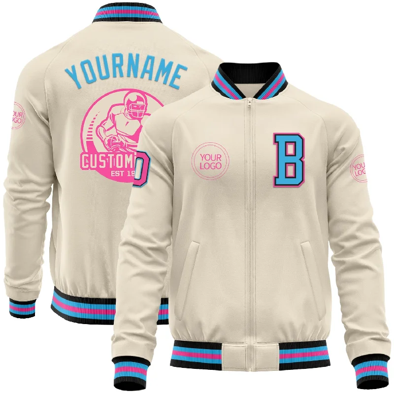 fishing rod tip repair-Custom Cream Pink Black-Sky Blue Bomber Varsity Letterman Zipper Jacket