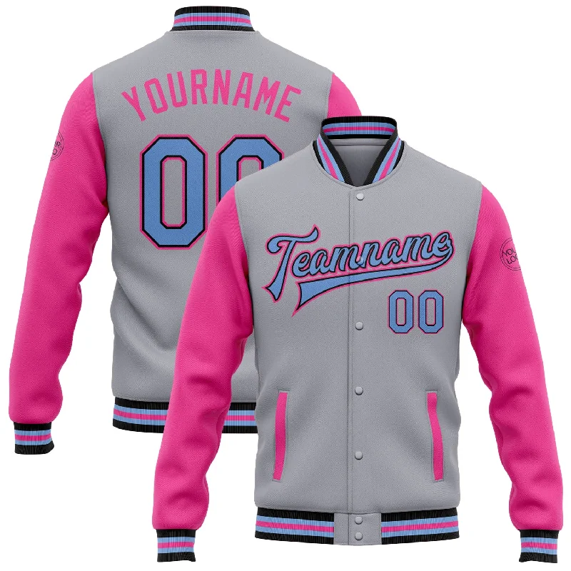 fishing reels for bank fishing-Custom Gray Light Blue Black-Pink Bomber Full-Snap Varsity Letterman Two Tone Jacket