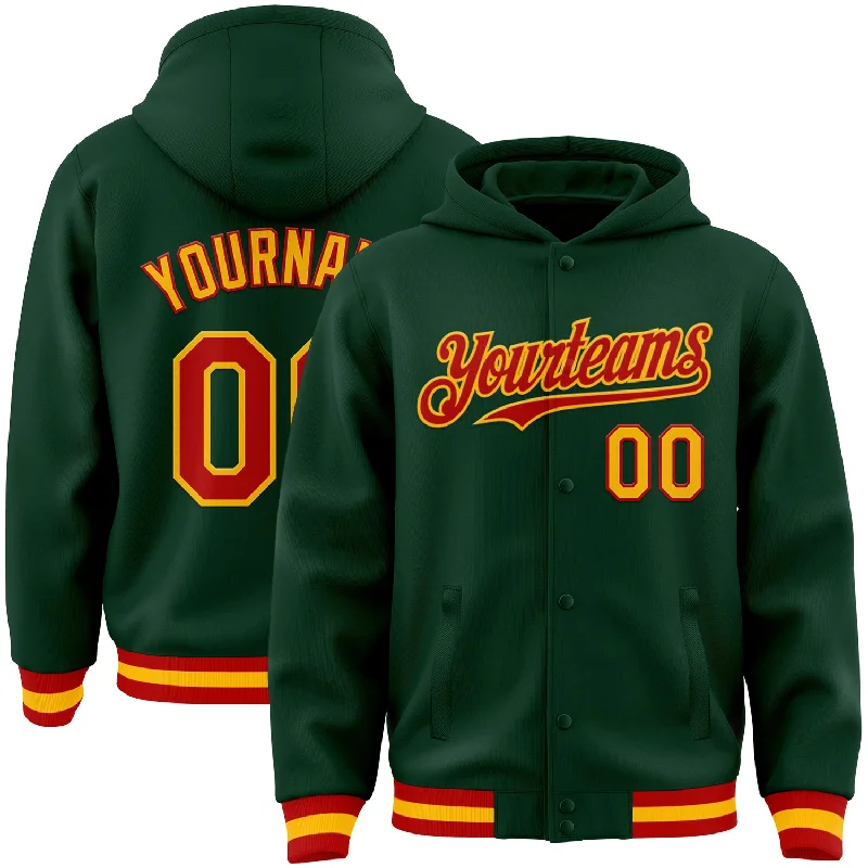 fishing kayaks for carp-Custom Green Red-Gold Bomber Full-Snap Varsity Letterman Hoodie Jacket