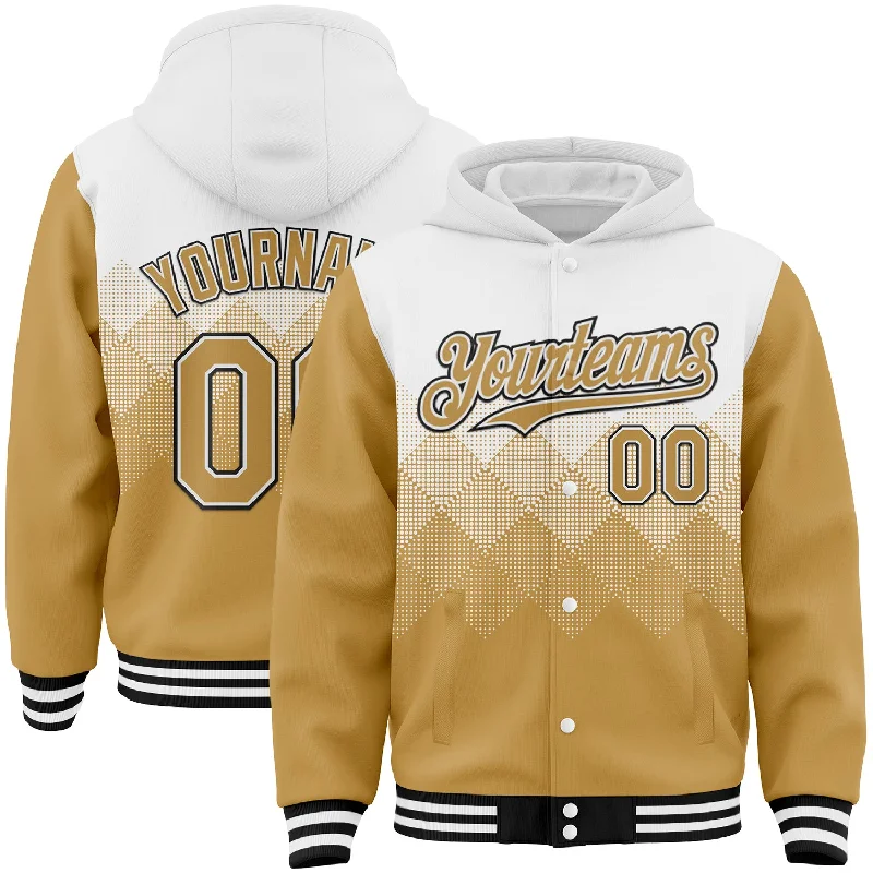 fishing tackle storage-Custom White Old Gold-Black Gradient Square Shape 3D Pattern Design Bomber Full-Snap Varsity Letterman Hoodie Jacket