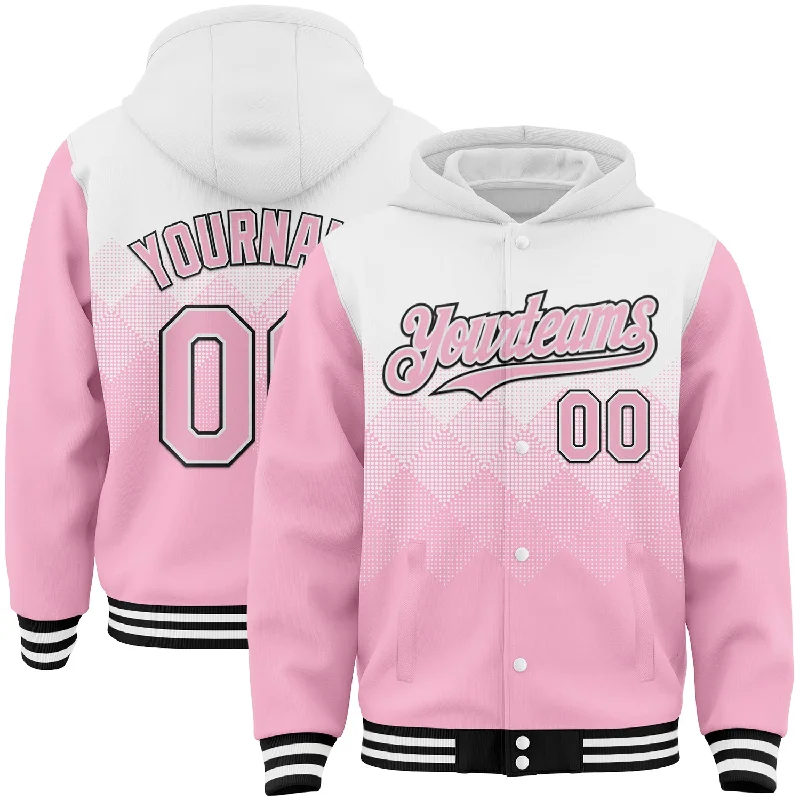 fishing reels for saltwater-Custom White Light Pink-Black Gradient Square Shape 3D Pattern Design Bomber Full-Snap Varsity Letterman Hoodie Jacket