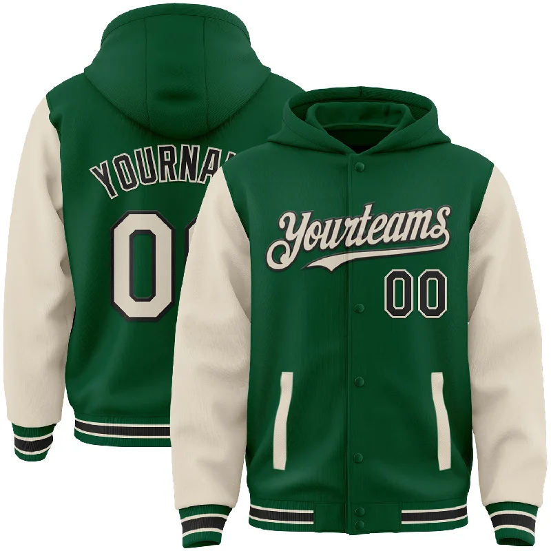 fishing reels for trout-Custom Kelly Green Cream-Black Bomber Full-Snap Varsity Letterman Two Tone Hoodie Jacket