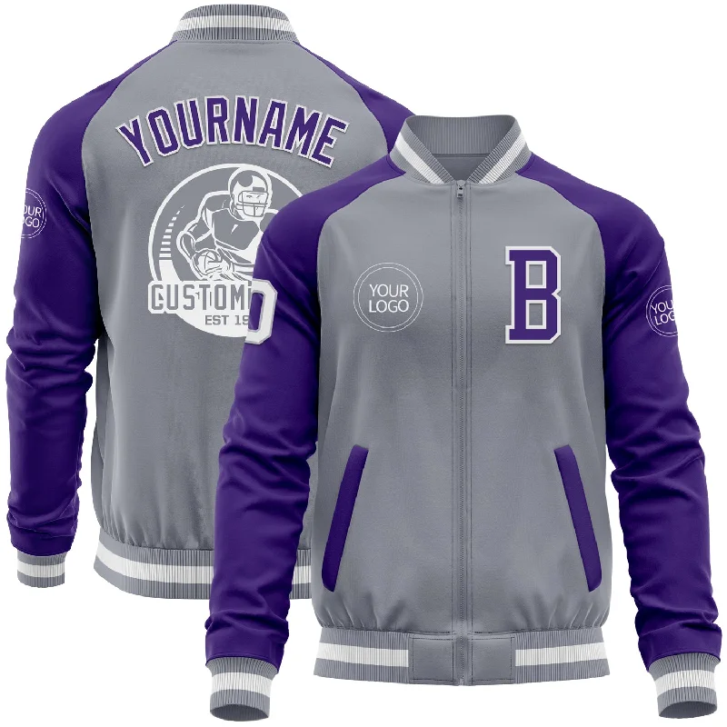 fishing line for camping fishing-Custom Gray White-Purple Varsity Letterman Two Tone Zipper Jacket