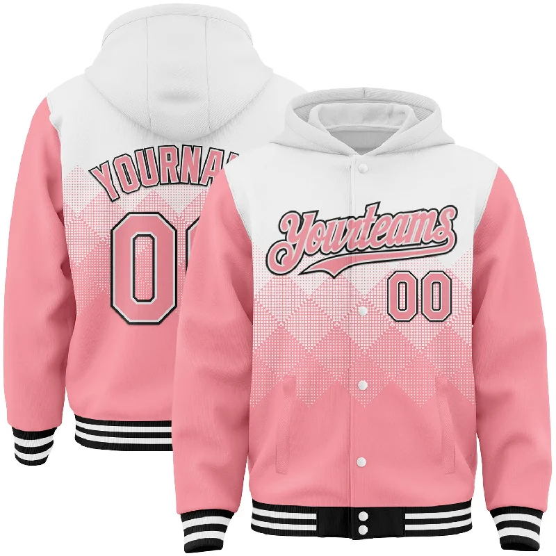 fishing hooks for bass-Custom White Medium Pink-Black Gradient Square Shape 3D Pattern Design Bomber Full-Snap Varsity Letterman Hoodie Jacket