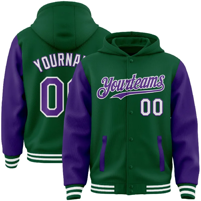 carp fishing rods for sale-Custom Kelly Green Purple-White Bomber Full-Snap Varsity Letterman Two Tone Hoodie Jacket