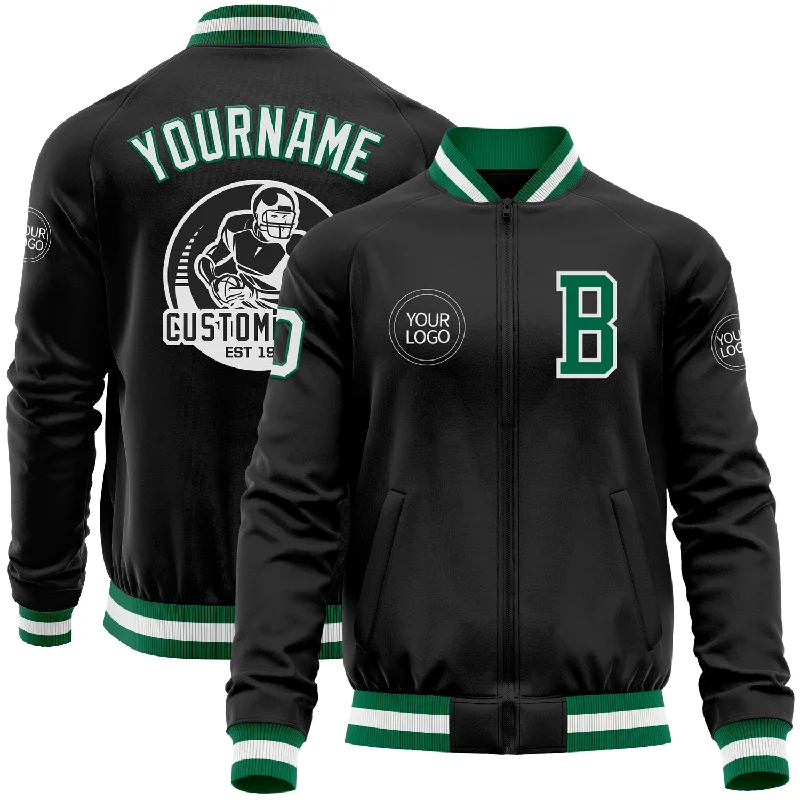 artificial lures for saltwater-Custom Black Kelly Green-White Bomber Varsity Letterman Zipper Jacket