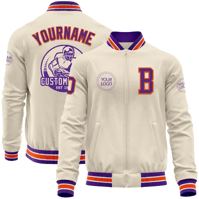 fishing line for saltwater-Custom Cream Purple Orange-White Bomber Varsity Letterman Zipper Jacket