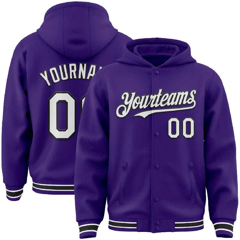 deep sea fishing trips-Custom Purple White-Black Bomber Full-Snap Varsity Letterman Hoodie Jacket