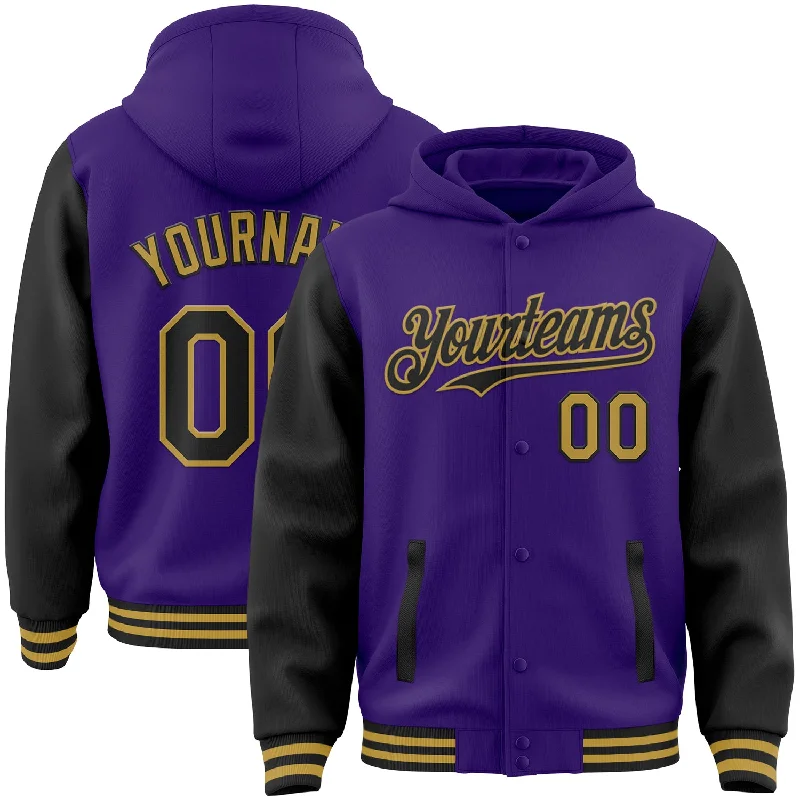 fishing reels under 100-Custom Purple Black-Old Gold Bomber Full-Snap Varsity Letterman Two Tone Hoodie Jacket