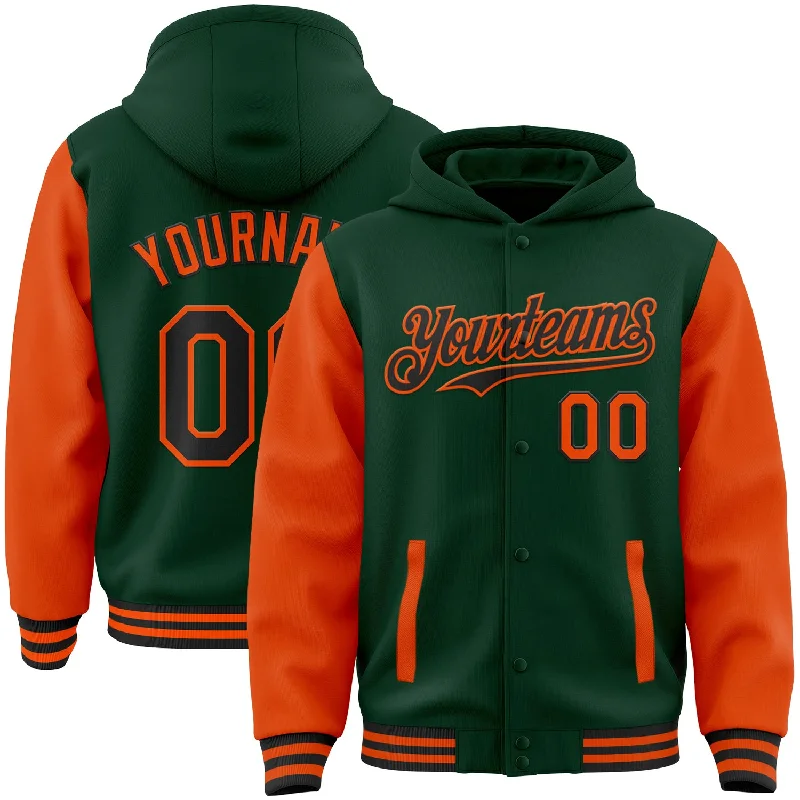 artificial lures for ice fishing-Custom Green Orange-Cream Bomber Full-Snap Varsity Letterman Two Tone Hoodie Jacket