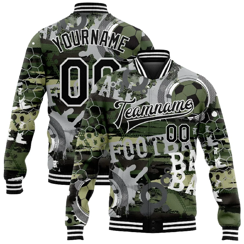 fishing gloves for kids fishing-Custom Camo Black-White Football 3D Pattern Design Bomber Full-Snap Varsity Letterman Salute To Service Jacket