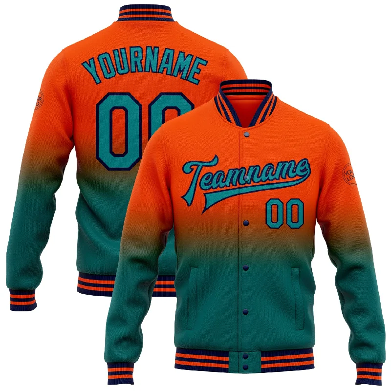 carp fishing rods for sale-Custom Orange Teal-Navy Bomber Full-Snap Varsity Letterman Fade Fashion Jacket