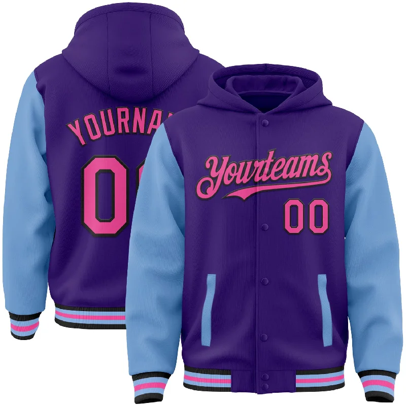 artificial lures for ice fishing rods-Custom Purple Pink Light Blue-Black Bomber Full-Snap Varsity Letterman Two Tone Hoodie Jacket