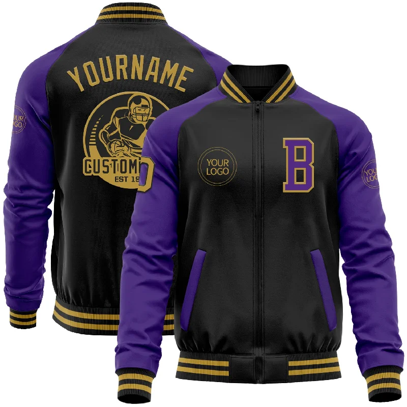 fishing kayaks under 1000-Custom Black Old Gold-Purple Bomber Varsity Letterman Two Tone Zipper Jacket