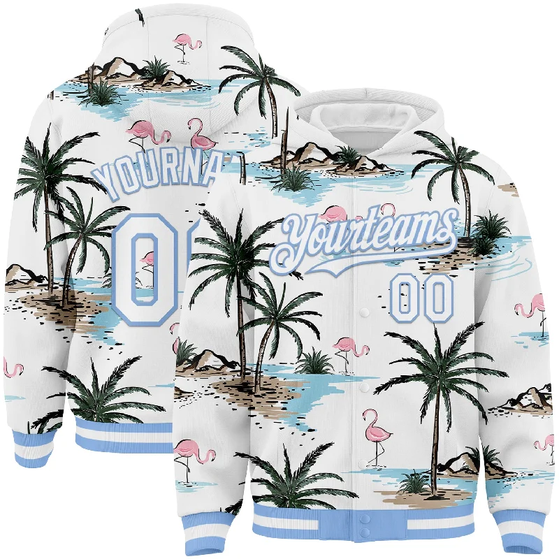 fishing tackle for trout-Custom White Light Blue Tropical Hawaii Palm Trees 3D Bomber Full-Snap Varsity Letterman Hoodie Jacket