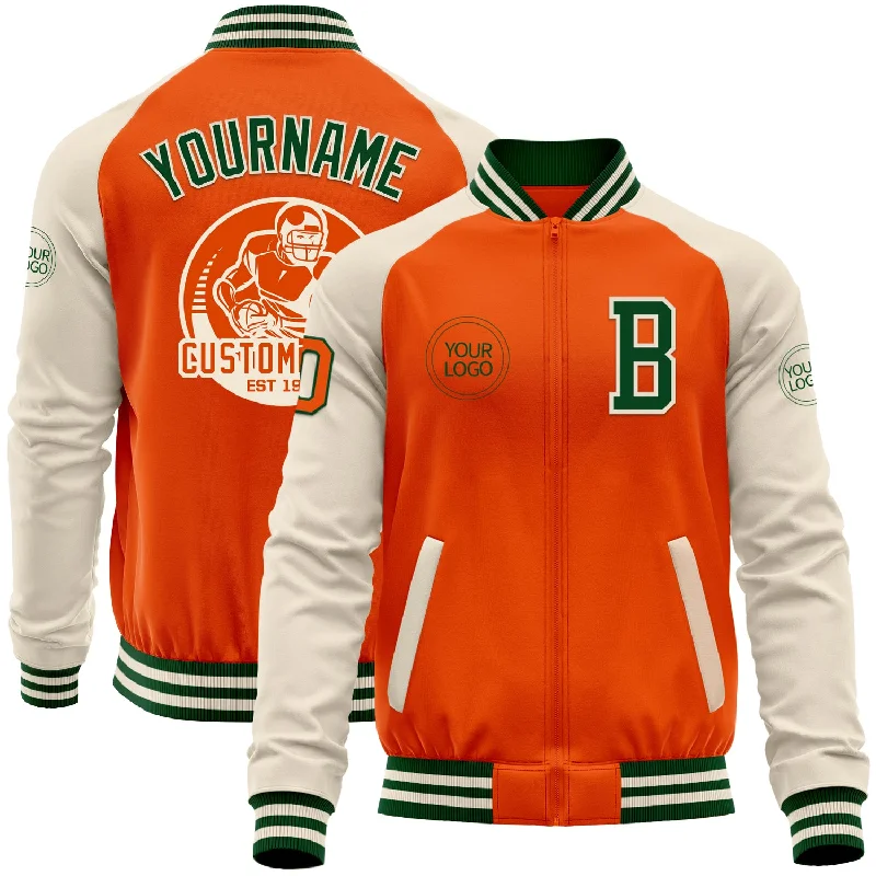 fishing poles for trolling-Custom Orange Green-Cream Bomber Varsity Letterman Two Tone Zipper Jacket