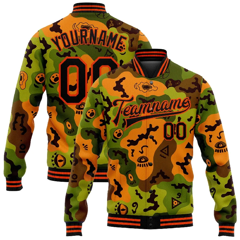 fishing reels for camping fishing-Custom Camo Black-Orange Funny Faces 3D Pattern Design Bomber Full-Snap Varsity Letterman Salute To Service Jacket