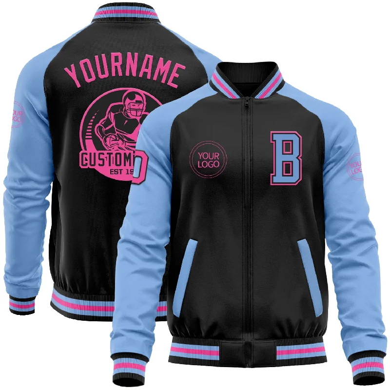 fishing kayaks with pedals-Custom Black Pink-Light Blue Bomber Varsity Letterman Two Tone Zipper Jacket