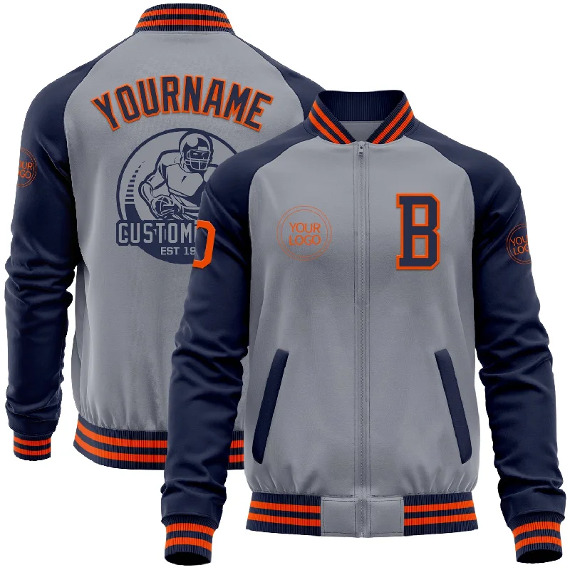 fishing rod holders for ice fishing-Custom Gray Orange-Navy Varsity Letterman Two Tone Zipper Jacket