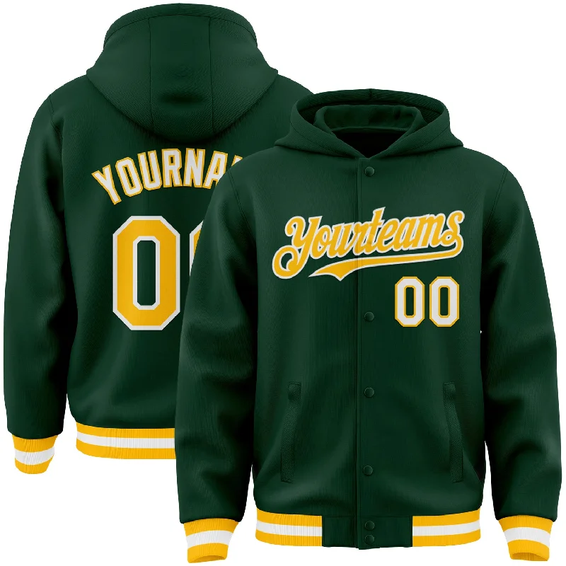 fishing line for ice fishing-Custom Green Gold-White Bomber Full-Snap Varsity Letterman Hoodie Jacket