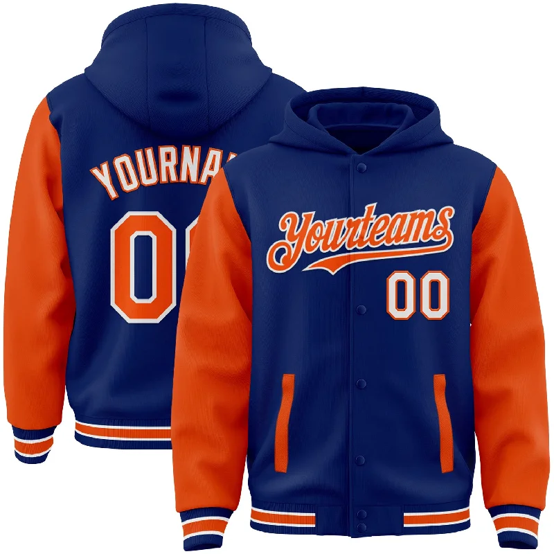 fishing gloves for ice fishing-Custom Royal Orange-White Bomber Full-Snap Varsity Letterman Two Tone Hoodie Jacket