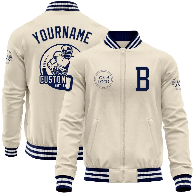 fishing kayaks with storage-Custom Cream Navy-White Bomber Varsity Letterman Zipper Jacket