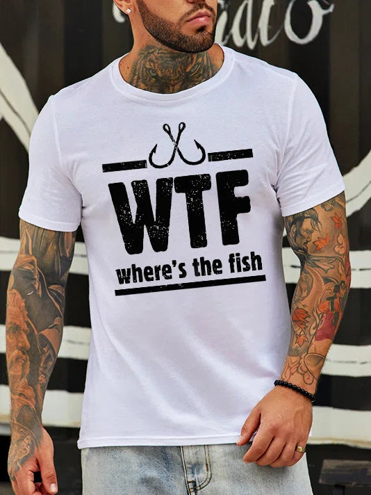 fishing poles for women trolling-Where's The Fish Printed Round Neck Short Sleeved T-shirt