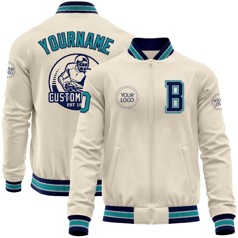 fishing line for fly fishing-Custom Cream Teal Navy-Gray Bomber Varsity Letterman Zipper Jacket