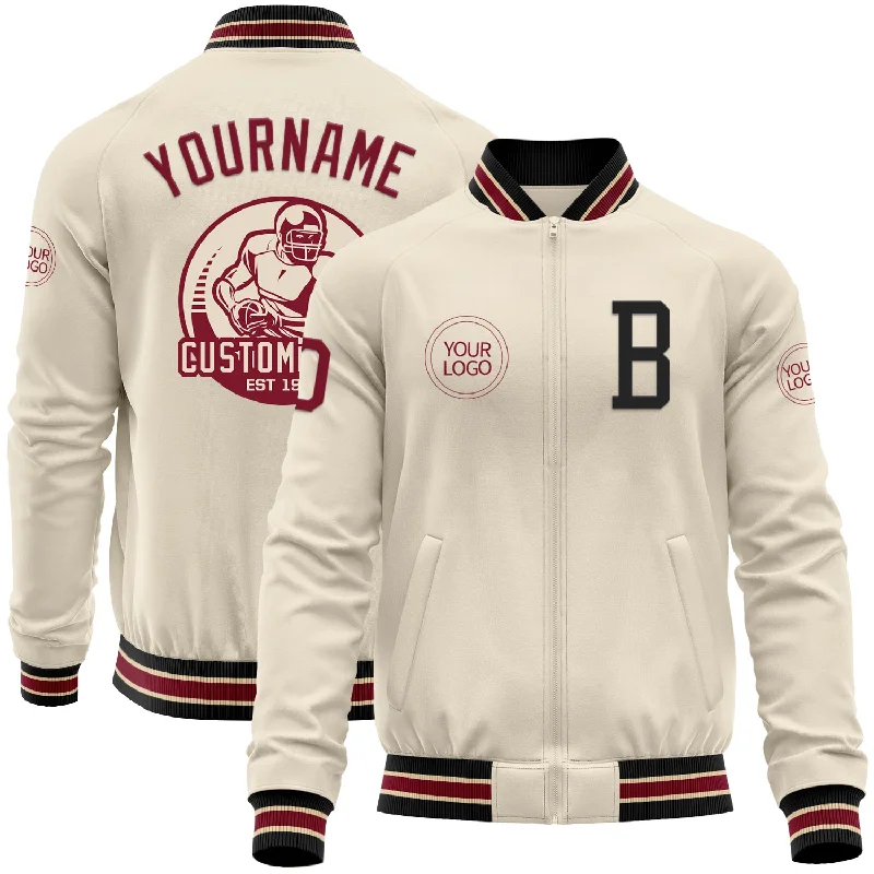 catfish fishing hooks-Custom Cream Crimson Black-City Cream Bomber Varsity Letterman Zipper Jacket