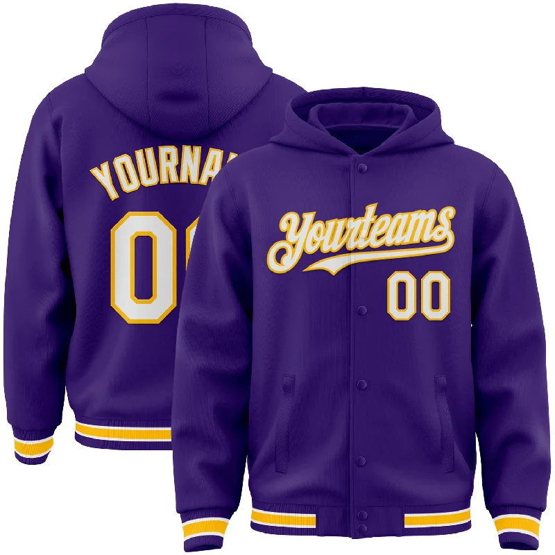 fishing tackle for truck fishing-Custom Purple White-Gold Bomber Full-Snap Varsity Letterman Hoodie Jacket