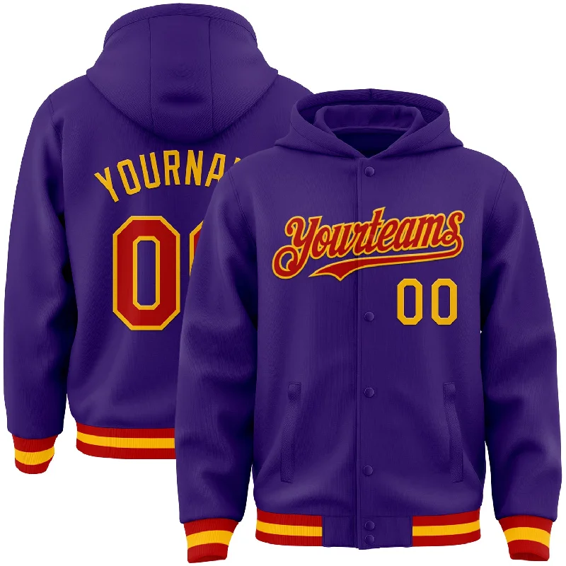 freshwater fishing tips-Custom Purple Red-Gold Bomber Full-Snap Varsity Letterman Hoodie Jacket