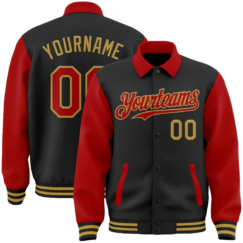 fishing line spooling-Custom Black Red-Old Gold Bomber Full-Snap Varsity Letterman Two Tone Lapel Collar Byron Jacket