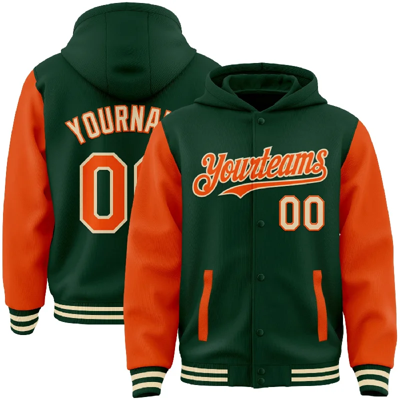 fishing rod reels for beginners-Custom Green Orange-Cream Bomber Full-Snap Varsity Letterman Two Tone Hoodie Jacket