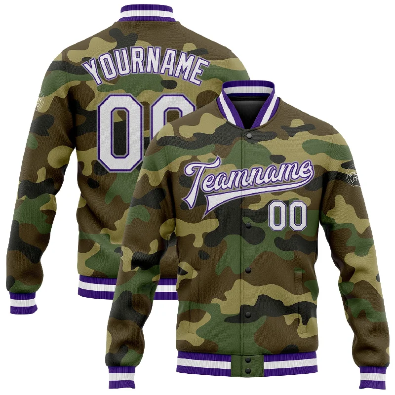 fishing tackle for women trolling-Custom Camo White Purple-Gray Bomber Full-Snap Varsity Letterman Salute To Service Jacket