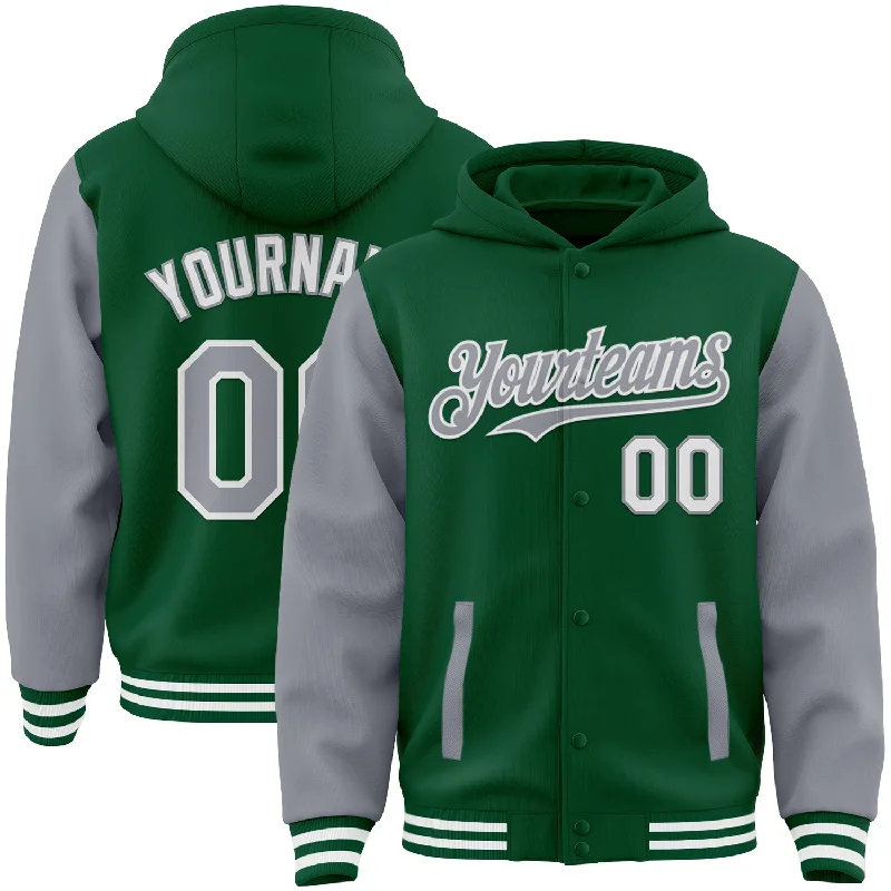 fishing gloves for saltwater-Custom Kelly Green Gray-White Bomber Full-Snap Varsity Letterman Two Tone Hoodie Jacket