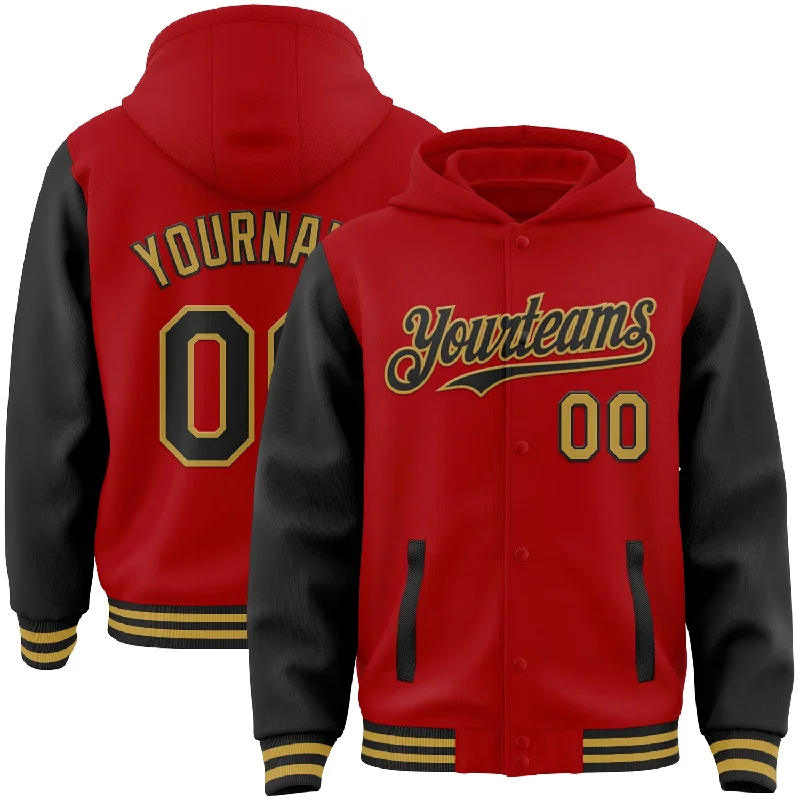 fishing bait for home fishing-Custom Red Black-Old Gold Bomber Full-Snap Varsity Letterman Two Tone Hoodie Jacket