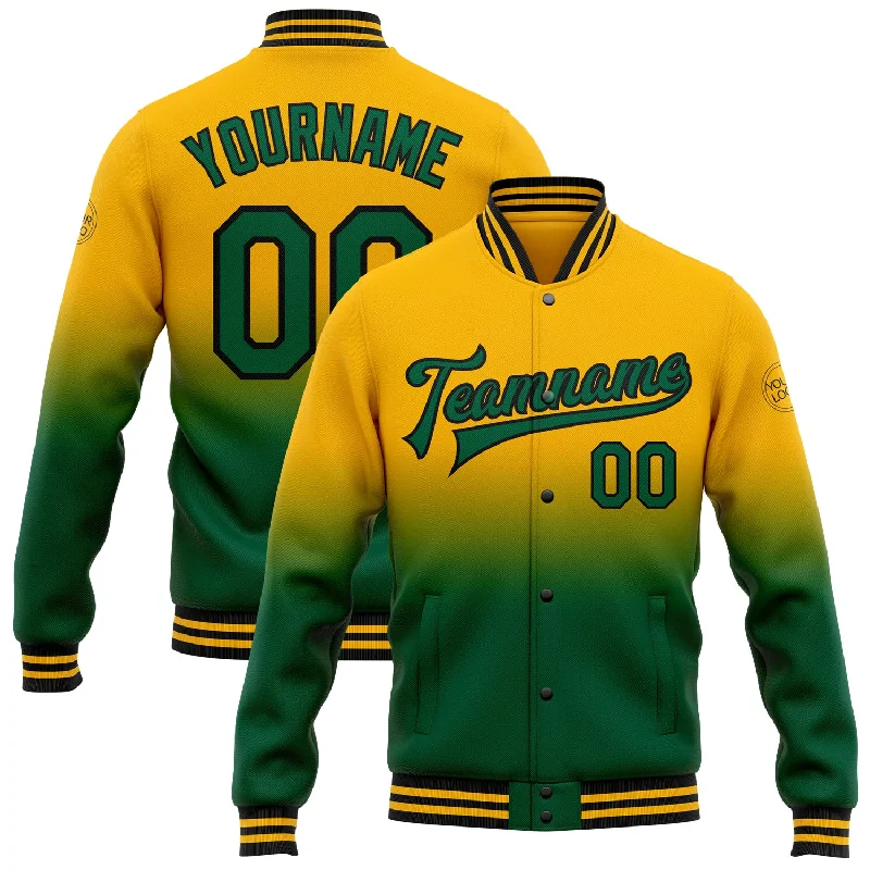 fishing knots for women-Custom Gold Kelly Green-Black Bomber Full-Snap Varsity Letterman Fade Fashion Jacket