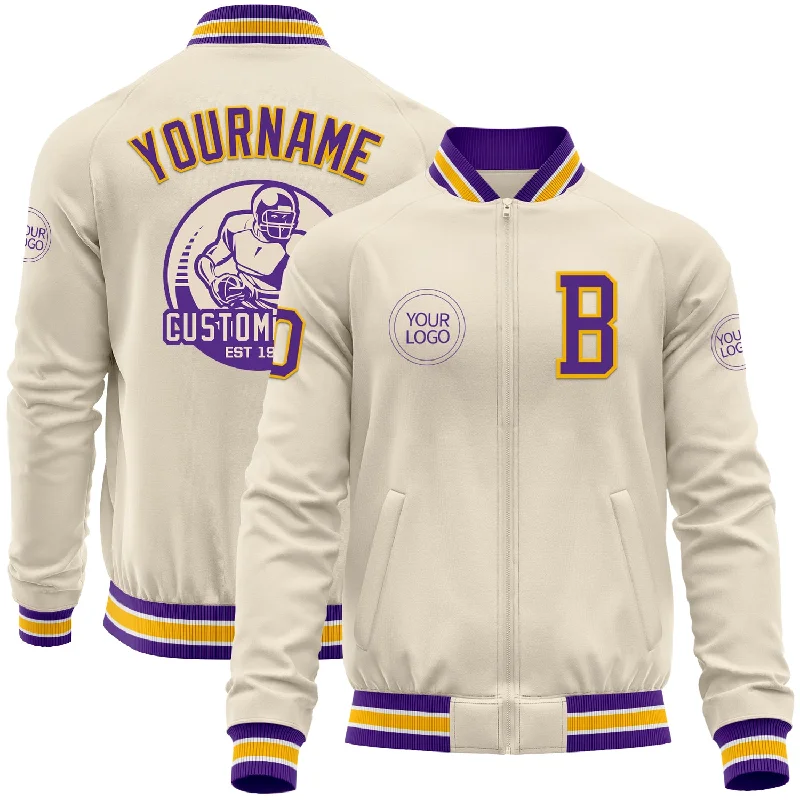 artificial lures for carp-Custom Cream Purple Gold-White Bomber Varsity Letterman Zipper Jacket