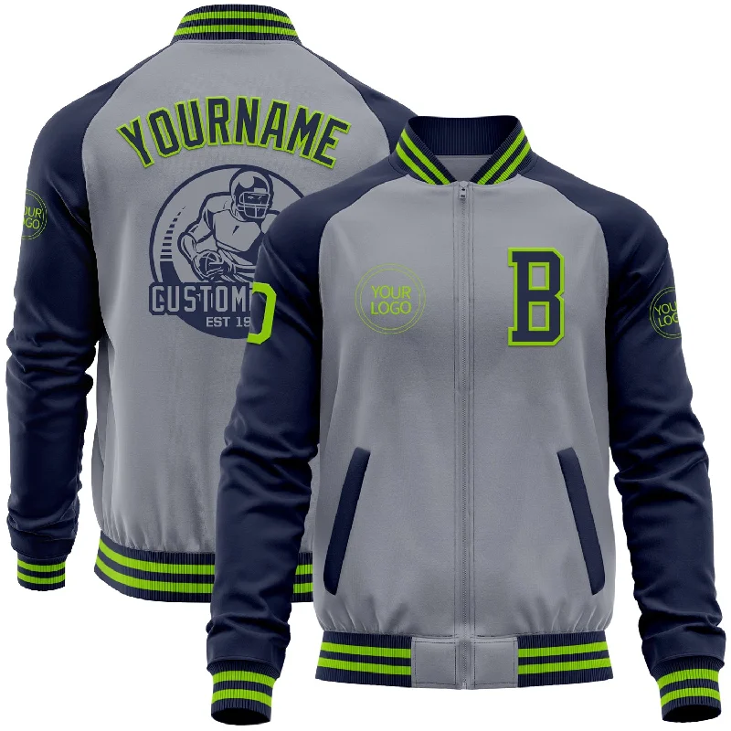 fishing poles for women trolling-Custom Gray Neon Green-Navy Varsity Letterman Two Tone Zipper Jacket